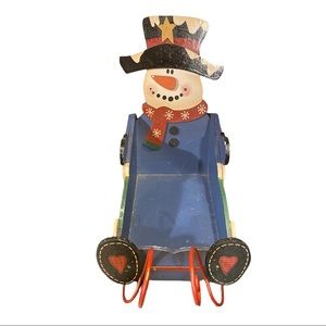 Retro Frosty Snowman Christmas Sleigh Box Holder Cards Catchall Large Wood Metal